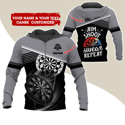 Customized Name & Text Darts Premium Zip Hoodie, Personalized Aim Shoot Sweat Repeat Zip Hoodie For Men & Women - Gift For Darts Lovers, Darts Players