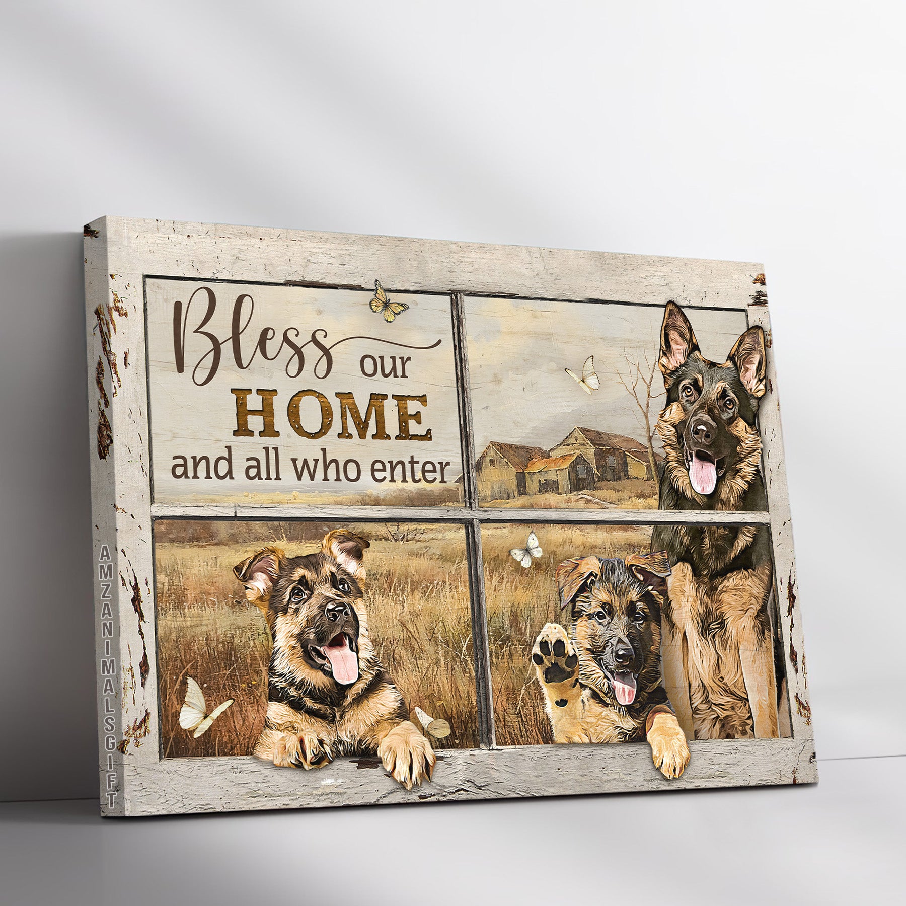German Shepherd & Jesus Premium Wrapped Landscape Canvas - Little German Shepherd, Farm Painting, Bless Our Home And All Who Enter - Gift For Christian