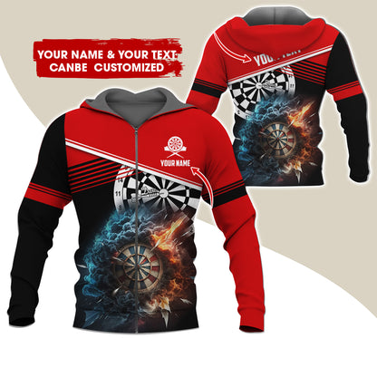 Personalized Name & Text Darts Premium Zip Hoodie, Customized Name Cloudy Fire Darts Zip Hoodie For Men & Women - Gift For Darts Lovers, Darts Players