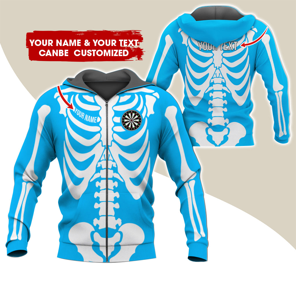 Customized Name & Text Skeleton Darts Premium Zip Hoodie, Personalized Name Darts Zip Hoodie For Men & Women - Gift For Darts Lovers, Darts Players