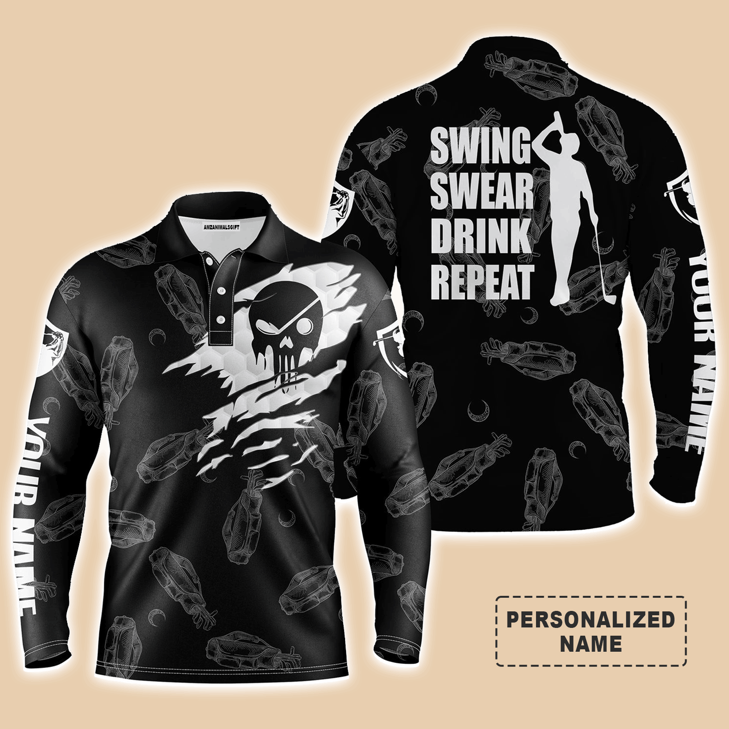 Custom Golf Long Sleeve Men Polo Shirt - Custom Name Multicolor Golf Clubs Pattern - Swing Swear Drink Repeat Men Polo Shirt For Golf Lover