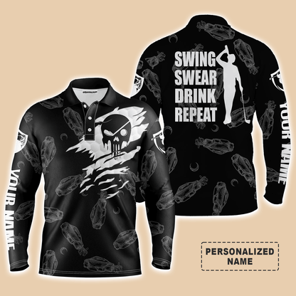 Custom Golf Long Sleeve Men Polo Shirt - Custom Name Multicolor Golf Clubs Pattern - Swing Swear Drink Repeat Men Polo Shirt For Golf Lover