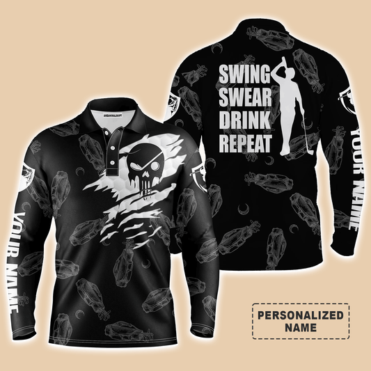 Custom Golf Long Sleeve Men Polo Shirt - Custom Name Multicolor Golf Clubs Pattern - Swing Swear Drink Repeat Men Polo Shirt For Golf Lover