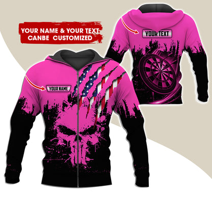 Customized Name & Text Skull Darts Premium Zip Hoodie, Personalized American Flag Zip Hoodie For Men & Women - Gift For Darts Lovers, Darts Players