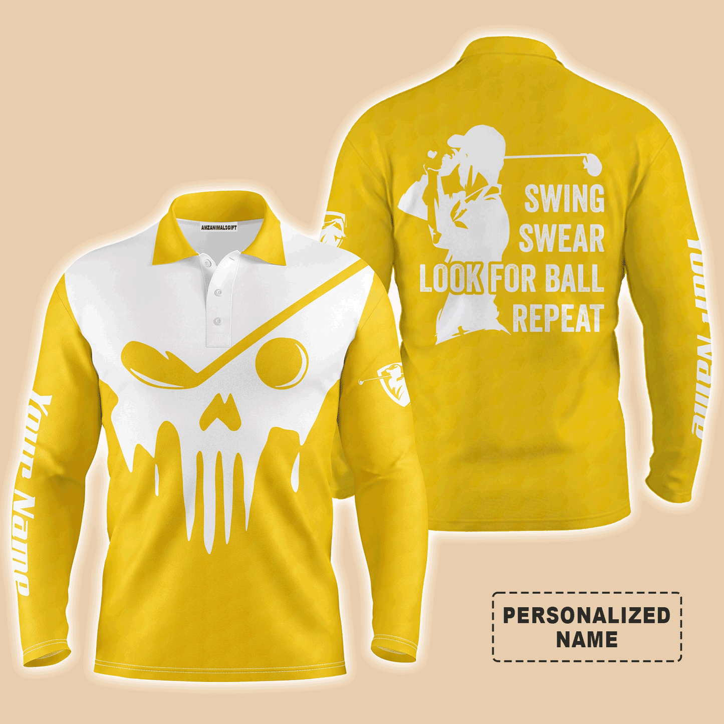 Custom Golf Long Sleeve Men Polo Shirt- Custom Name Multicolor Golf Skull - Swing Swear Look For Ball Repeat Men Polo Shirt For Golf Lover