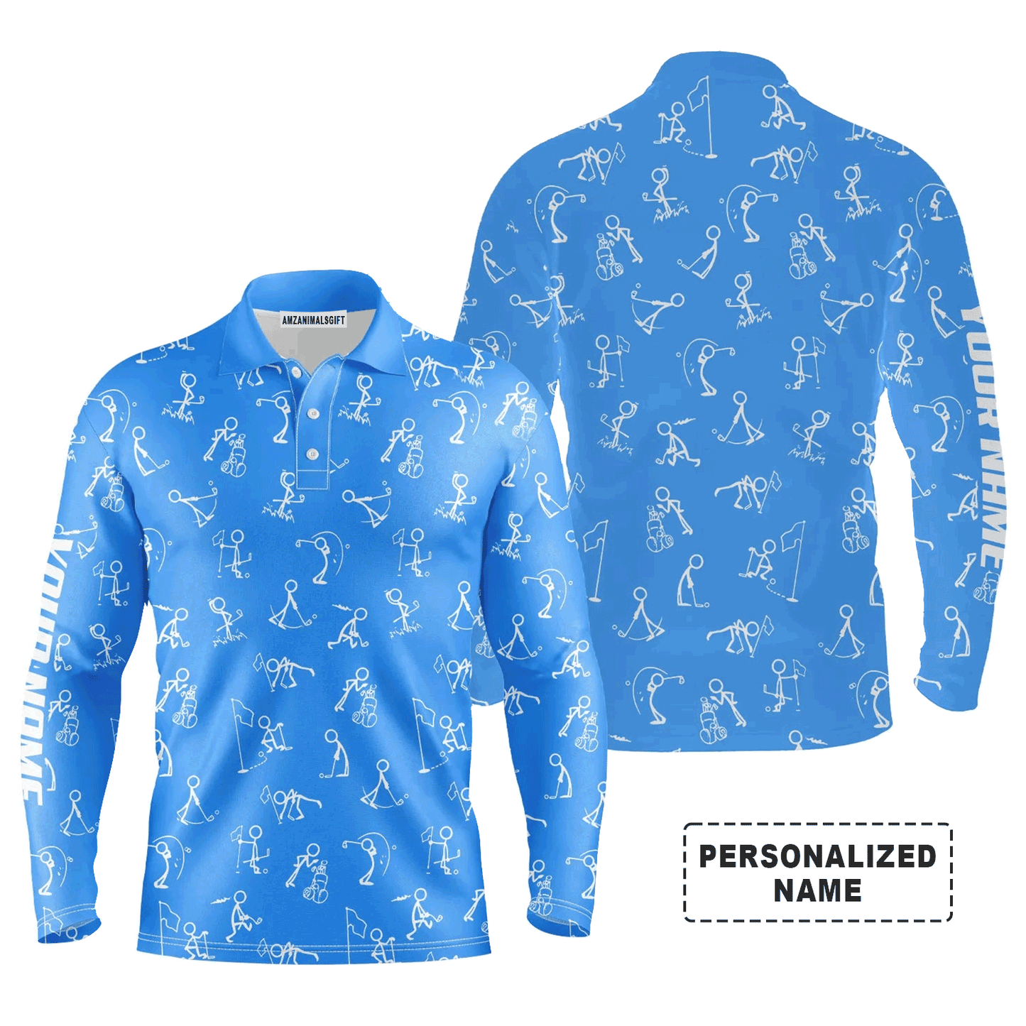 Custom Golf Long Sleeve Men Polo Shirt- Funny Golf Pattern Custom Name Multicolor Apparel - Personalized Gift For Men, Golf Lover, Team, Husband