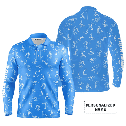 Custom Golf Long Sleeve Men Polo Shirt- Funny Golf Pattern Custom Name Multicolor Apparel - Personalized Gift For Men, Golf Lover, Team, Husband