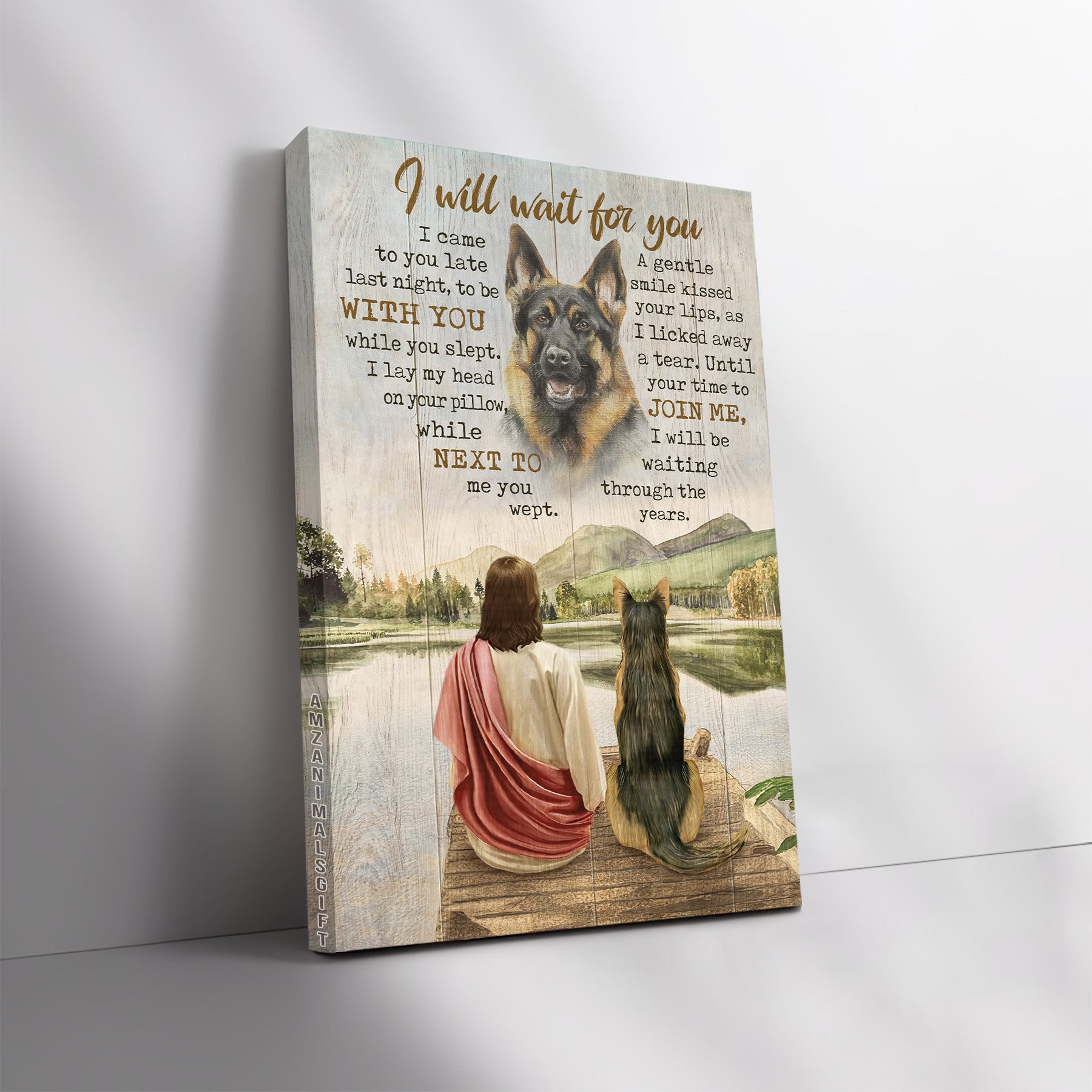 German Shepherd & Jesus Premium Wrapped Portrait Canvas - Beautiful Lake, German Shepherd, Jesus Drawing, I Will Wait For You - Gift For Christian