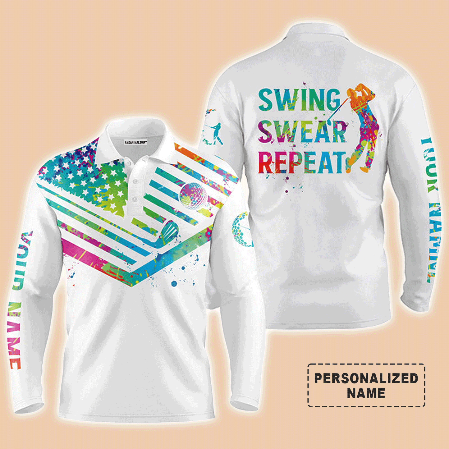 Custom Golf Long Sleeve Men Polo Shirt- Custom Name Watercolor American Flag Multicolor Apparel,Swing Swear Repeat Men Golf Polo Shirt  For Golf Lover