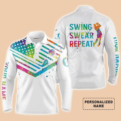 Custom Golf Long Sleeve Men Polo Shirt- Custom Name Watercolor American Flag Multicolor Apparel,Swing Swear Repeat Men Golf Polo Shirt  For Golf Lover