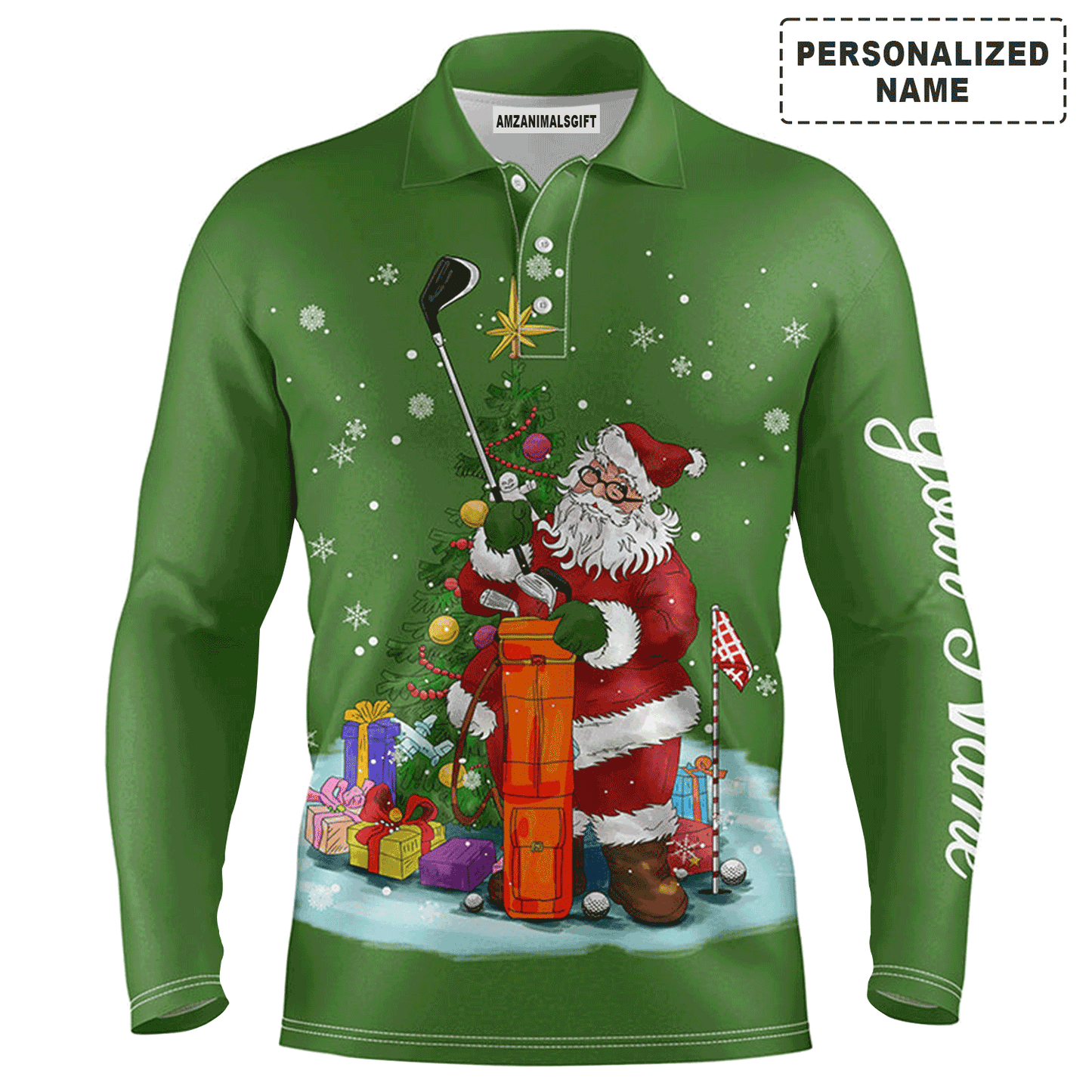 Custom Golf Long Sleeve Men Polo Shirt - Santa Golfer Christmas Custom Name Apparel - Personalized Gift For Golf Lover, Team, Husband, Men
