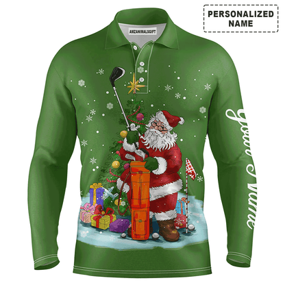 Custom Golf Long Sleeve Men Polo Shirt - Santa Golfer Christmas Custom Name Apparel - Personalized Gift For Golf Lover, Team, Husband, Men