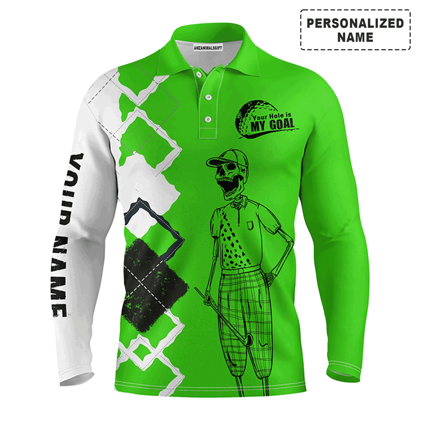 Custom Golf Long Sleeve Men Polo Shirt - Custom Name Skull Apparel - Your Hole Is My Goal Men Polo Shirt - Perfect Polo Shirt For Men, Golfers
