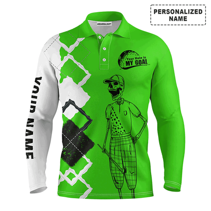Custom Golf Long Sleeve Men Polo Shirt - Custom Name Skull Apparel - Your Hole Is My Goal Men Polo Shirt - Perfect Polo Shirt For Men, Golfers