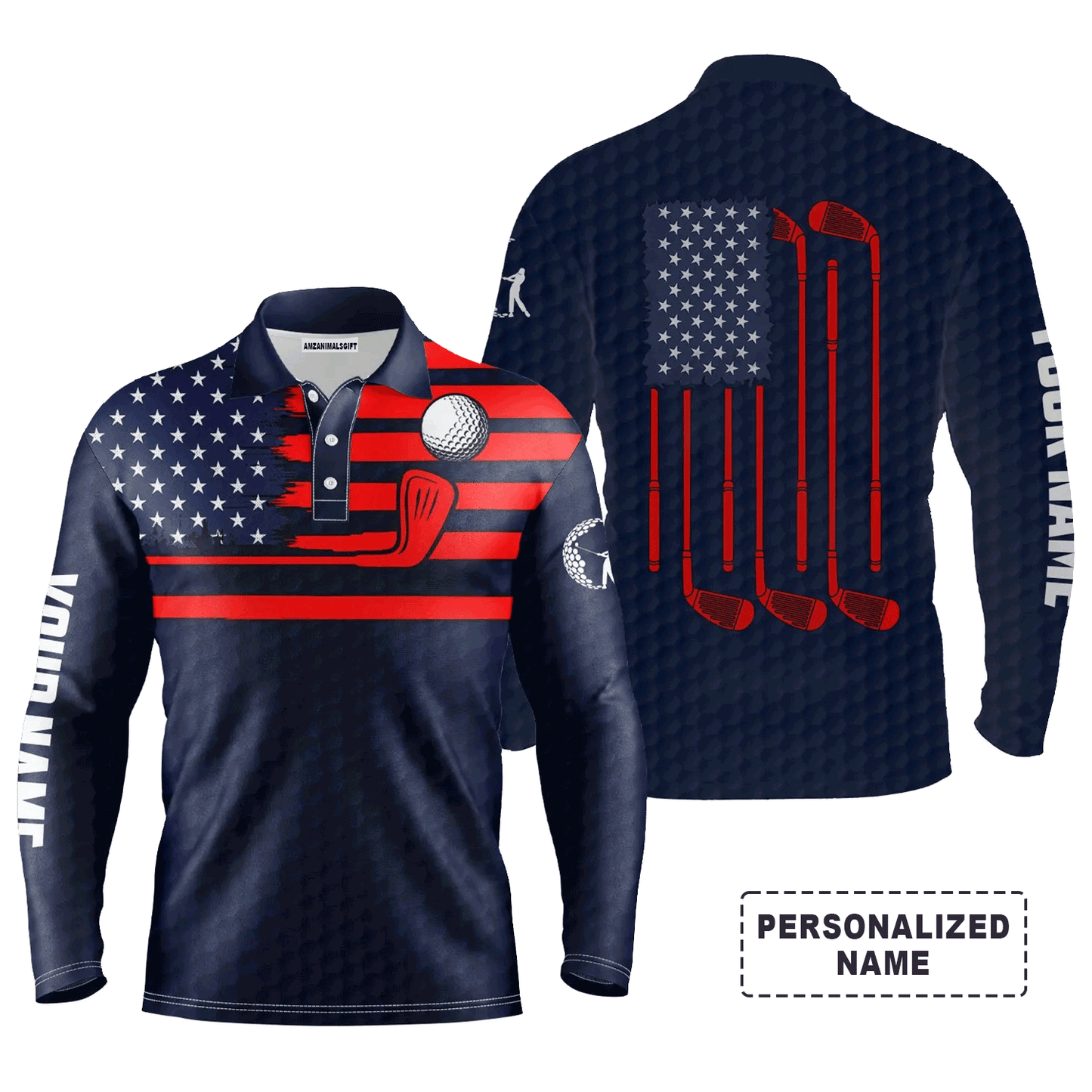Custom Golf Long Sleeve Men Polo Shirt - Custom Name American Flag Patriotic Apparel, Perfect Gift For Men, Golf Lover