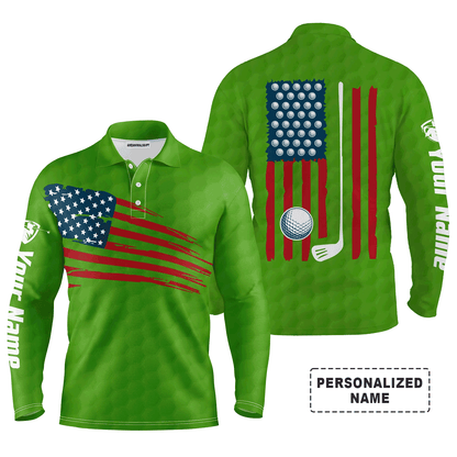 Custom Golf Long Sleeve Men Polo Shirt - Custom Name American Flag Multicolor Apparel - Personalized Gift For Men, Golf Lover