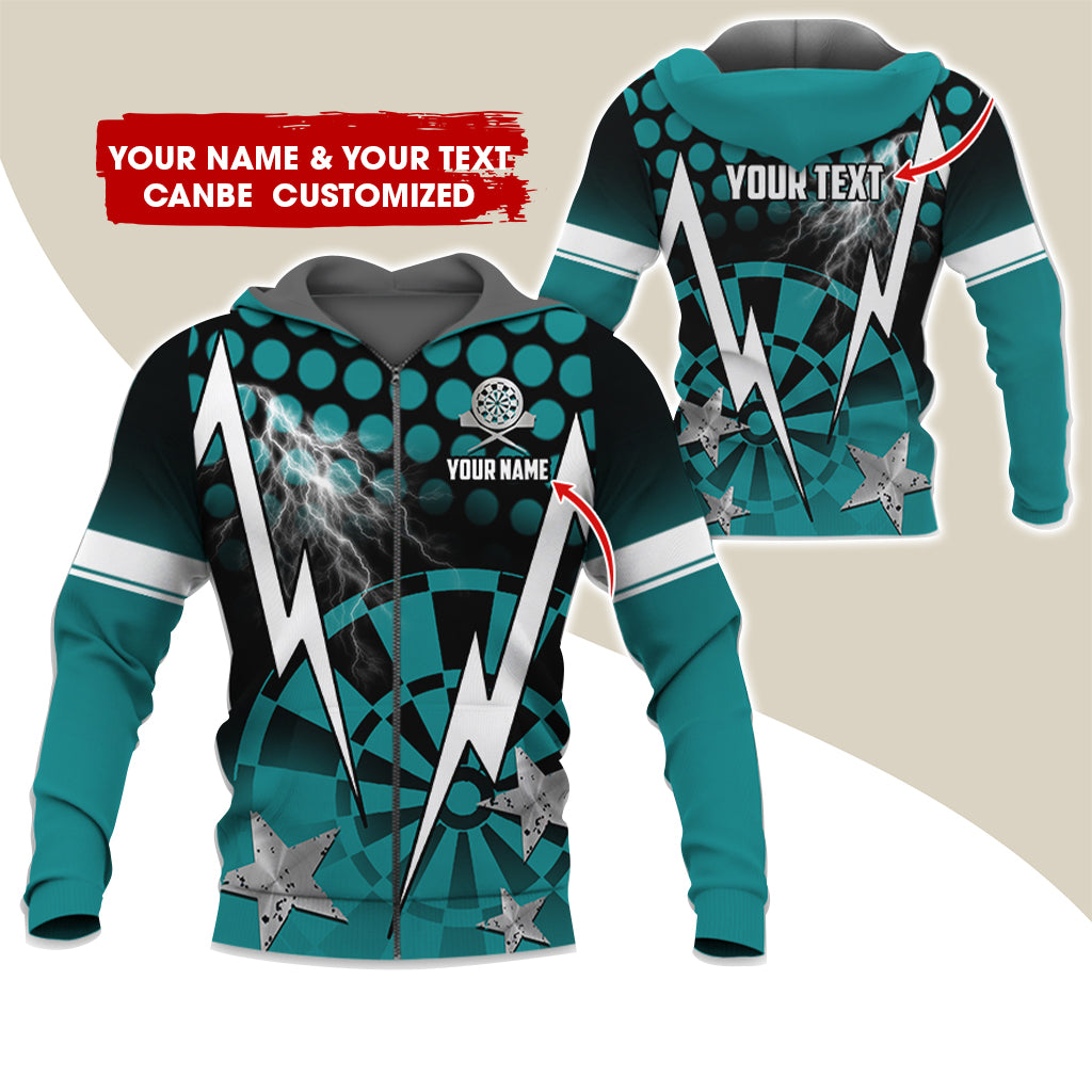 Customized Name & Text Thunder Lightning Darts Premium Zip Hoodie, Custom Star Darts Zip Hoodie For Men & Women - Gift For Darts Lovers, Darts Players