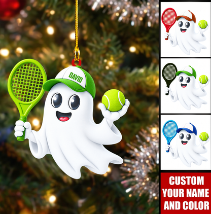 Personalized Tennis Christmas Ornament, Cute Ghost Holding Racket And Ball, Custom Ornament Christmas Gift, Keychain Tennis, Car Ornament Tennis