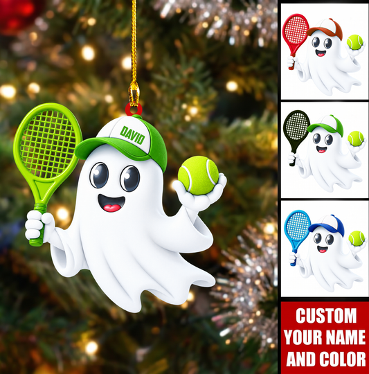 Personalized Tennis Christmas Ornament, Cute Ghost Holding Racket And Ball, Custom Ornament Christmas Gift, Keychain Tennis, Car Ornament Tennis