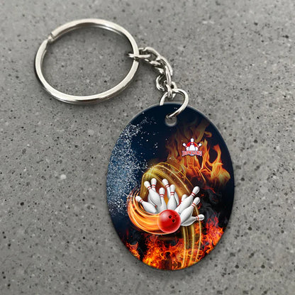 Customized Name Red Bowl And Pins In Water And Fire Acrylic Keychain - Christmas Gift For Bowling Lovers, Bowling Players, Family, Friends