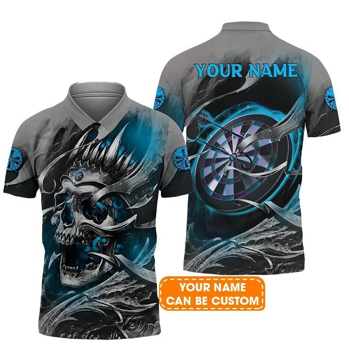 Darts Men Polo Shirt Custom Name - Teal Skull Dartboard Personalized Polo Shirt For Men - Gift For Darts Player, Friend, Family