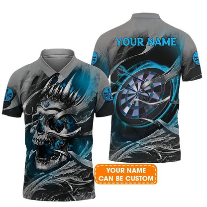 Darts Men Polo Shirt Custom Name - Teal Skull Dartboard Personalized Polo Shirt For Men - Gift For Darts Player, Friend, Family