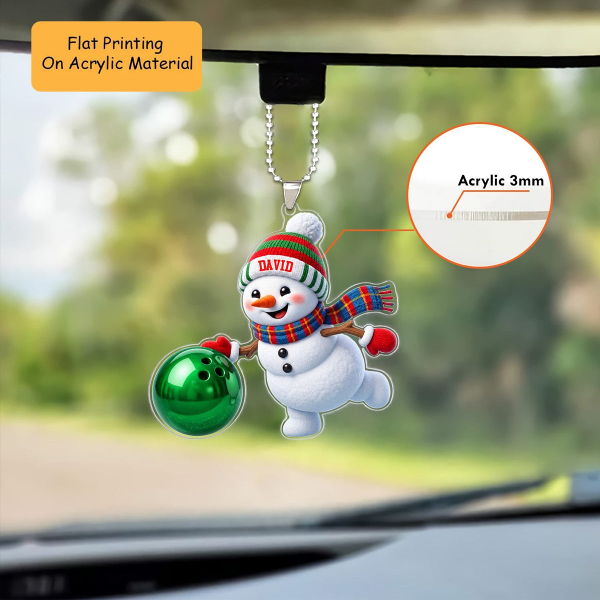 Personalized Bowling Christmas Ornament, Cute Snowman Throwing Ball, Custom Ornament Christmas Gift, Keychain Bowling, Car Ornament Bowling