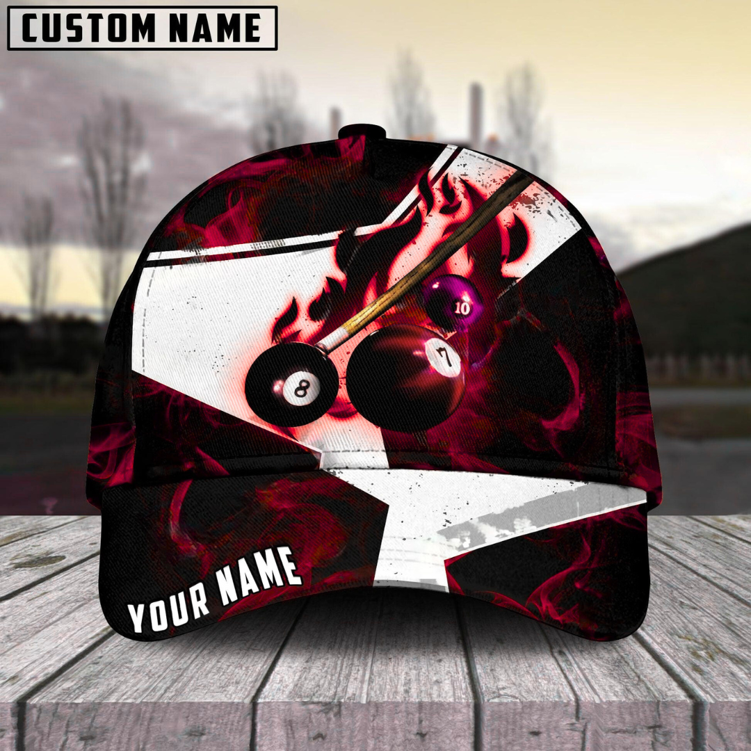 Customized Billiard Cap, Billiard Pool Ball 8 Dark Flame Stroke Personalized Name 3D Hats, Best Billiard Pool Hat For Billiard Players (7 Colors)