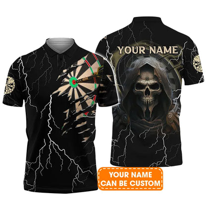 Grim Reaper And Darts Custom Name Men Polo Shirt, Bullseye Dartboard Thunder Personalized Men Polo Shirt Gift For Darts Lovers, Team, Friends