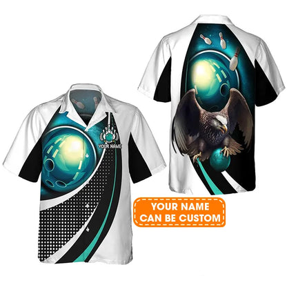 Bowling Hawaiian Shirt Custom Name - Eagle Bowling Team Blue Bowling Ball Personalized Aloha Hawaiian Shirt - Gift For Friend, Family, Bowling Lovers