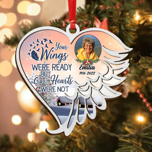 Customized Memorial Photo Wooden Ornament, Personalized Mom Photo Wood Ornament, Your Wings Were Ready - Christmas Gift For Mom, Dad, Family, Friends