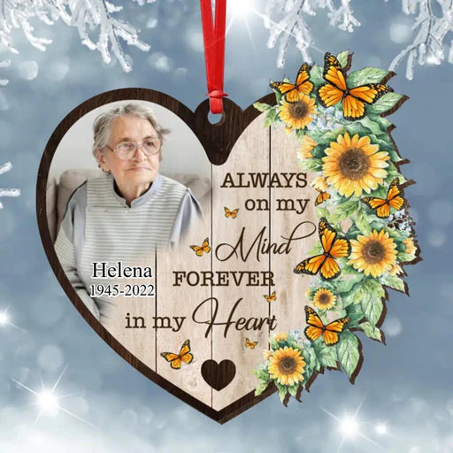 Custom Memorial Photo Heart Wooden Ornament, Customized Dad, Mom Photo Wood Ornament, Sunflowers - Memorial Gift For Dad, Mom, Family, Friends
