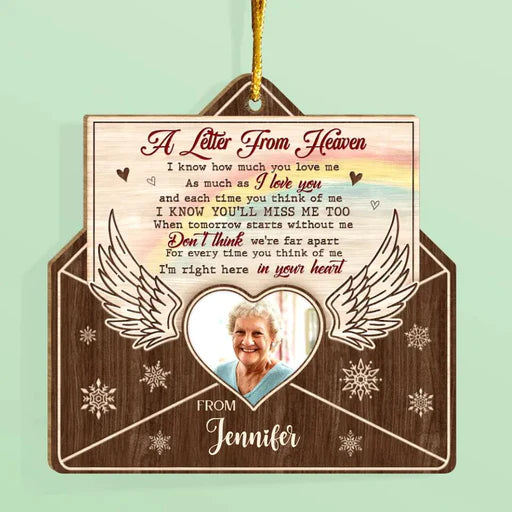 Personalized Memorial Photo Wooden Ornament, Custom Mom Photo Wood Ornament, A Letter From Heaven - Gift For Mom, Dad, Member's Family
