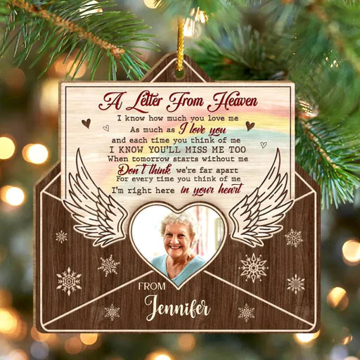 Personalized Memorial Photo Wooden Ornament, Custom Mom Photo Wood Ornament, A Letter From Heaven - Gift For Mom, Dad, Member's Family
