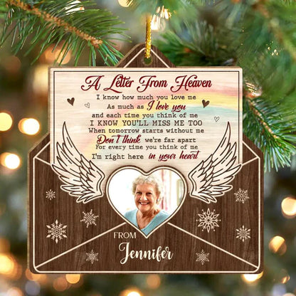 Personalized Memorial Photo Wooden Ornament, Custom Mom Photo Wood Ornament, A Letter From Heaven - Gift For Mom, Dad, Member's Family