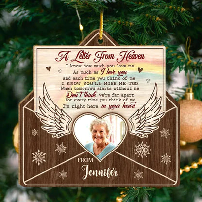 Personalized Memorial Photo Wooden Ornament, Custom Mom Photo Wood Ornament, A Letter From Heaven - Gift For Mom, Dad, Member's Family