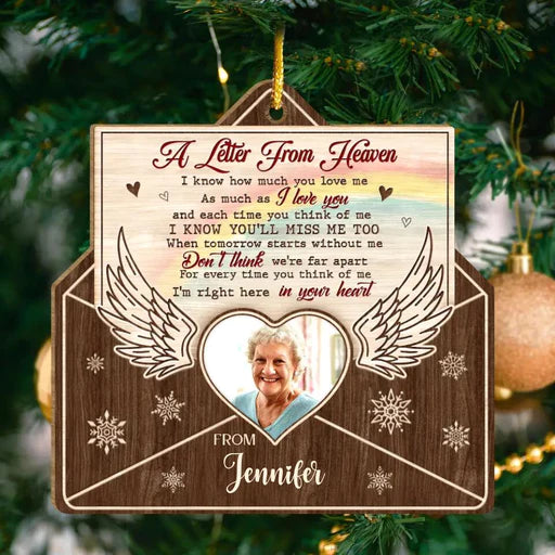 Personalized Memorial Photo Wooden Ornament, Custom Mom Photo Wood Ornament, A Letter From Heaven - Gift For Mom, Dad, Member's Family