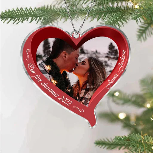 Personalized Couple Photo Heart Acrylic Ornament, Custom Lovers Photo Acrylic Ornament - Christmas Gift For Lovers, Couple, Spouse