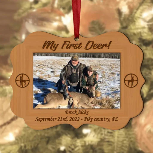Personalized Deer Hunting Photo Wooden Ornament, Customized Hunting Photo Wood Ornament, My First Deer - Gift Idea For Hunting Lovers