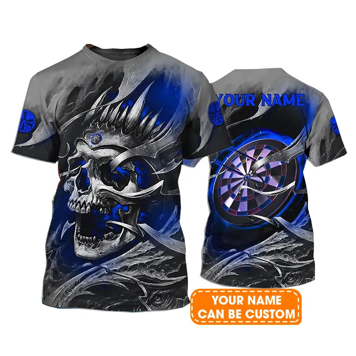 Customized Name Darts T Shirt, Blue Skull Light Dartboard Personalized T Shirt For Men - Gift For Darts Lovers, Darts Player