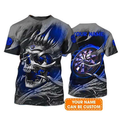 Customized Name Darts T Shirt, Blue Skull Light Dartboard Personalized T Shirt For Men - Gift For Darts Lovers, Darts Player