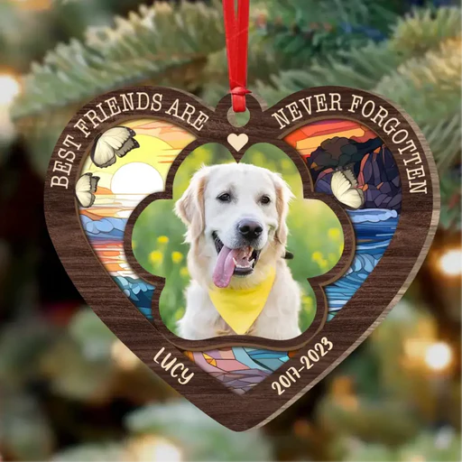 Customized Memorial Dog Photo Heart Wooden Ornament, Personalized Pet Photo Wood Ornament - Christmas Gift For Dog Lovers, Pet Lovers