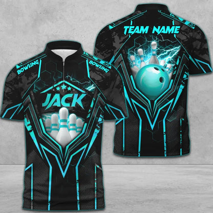 Customized Bowling Jersey, Bowling And Pins Abstract Grunge Texture X Multicolor Option Customized Name And Team Name Zipper Polo Jerseys Shirts