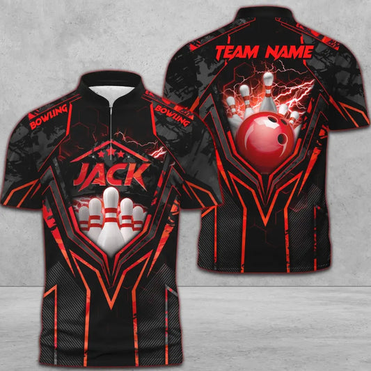 Customized Bowling Jersey, Bowling And Pins Abstract Grunge Texture X Multicolor Option Customized Name And Team Name Zipper Polo Jerseys Shirts