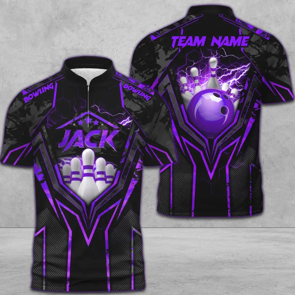 Customized Bowling Jersey, Bowling And Pins Abstract Grunge Texture X Multicolor Option Customized Name And Team Name Zipper Polo Jerseys Shirts