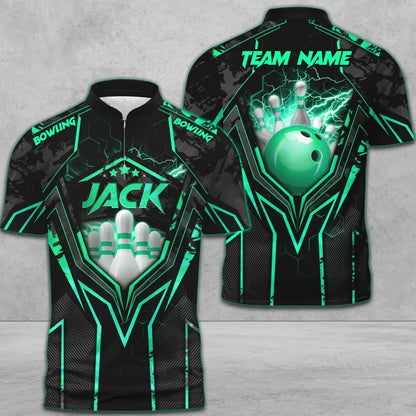 Customized Bowling Jersey, Bowling And Pins Abstract Grunge Texture X Multicolor Option Customized Name And Team Name Zipper Polo Jerseys Shirts
