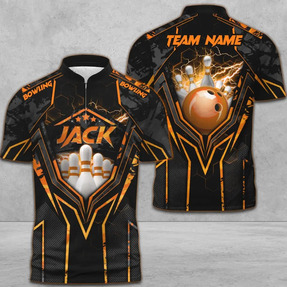 Customized Bowling Jersey, Bowling And Pins Abstract Grunge Texture X Multicolor Option Customized Name And Team Name Zipper Polo Jerseys Shirts