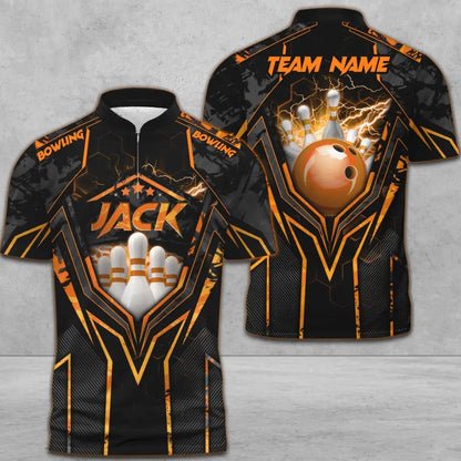 Customized Bowling Jersey, Bowling And Pins Abstract Grunge Texture X Multicolor Option Customized Name And Team Name Zipper Polo Jerseys Shirts