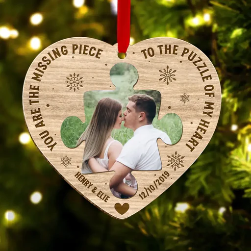 Custom Missing Piece Couple Photo  Wooden Ornament, Personalized Couple Photo Wood Ornament - Christmas Gift For Couple, Birthday, Anniversary