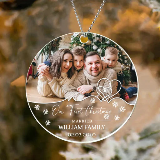 Customized Couple Photo Circle Acrylic Ornament, Custom Family Photo Acrylic Ornament, Our First Christmas - Christmas Gift For Couple, Lovers, Family